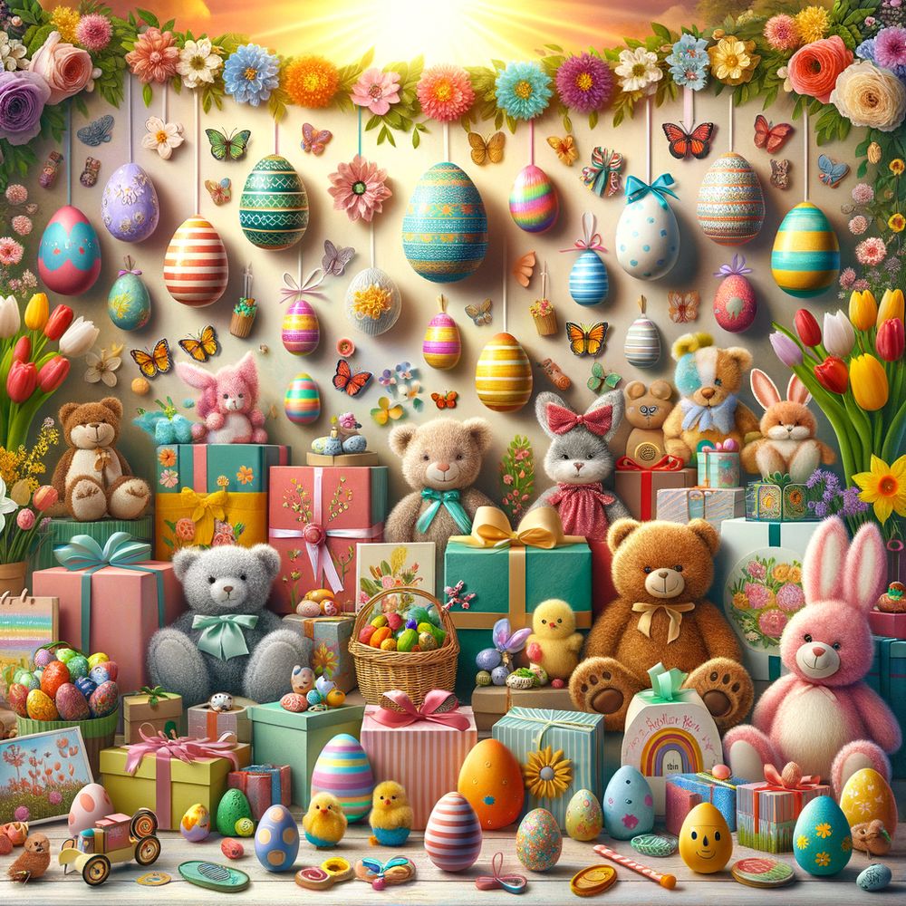 A joyful image depicting a variety of non-candy Easter gifts arranged in a colorful, festive setting suitable for the spring holiday.