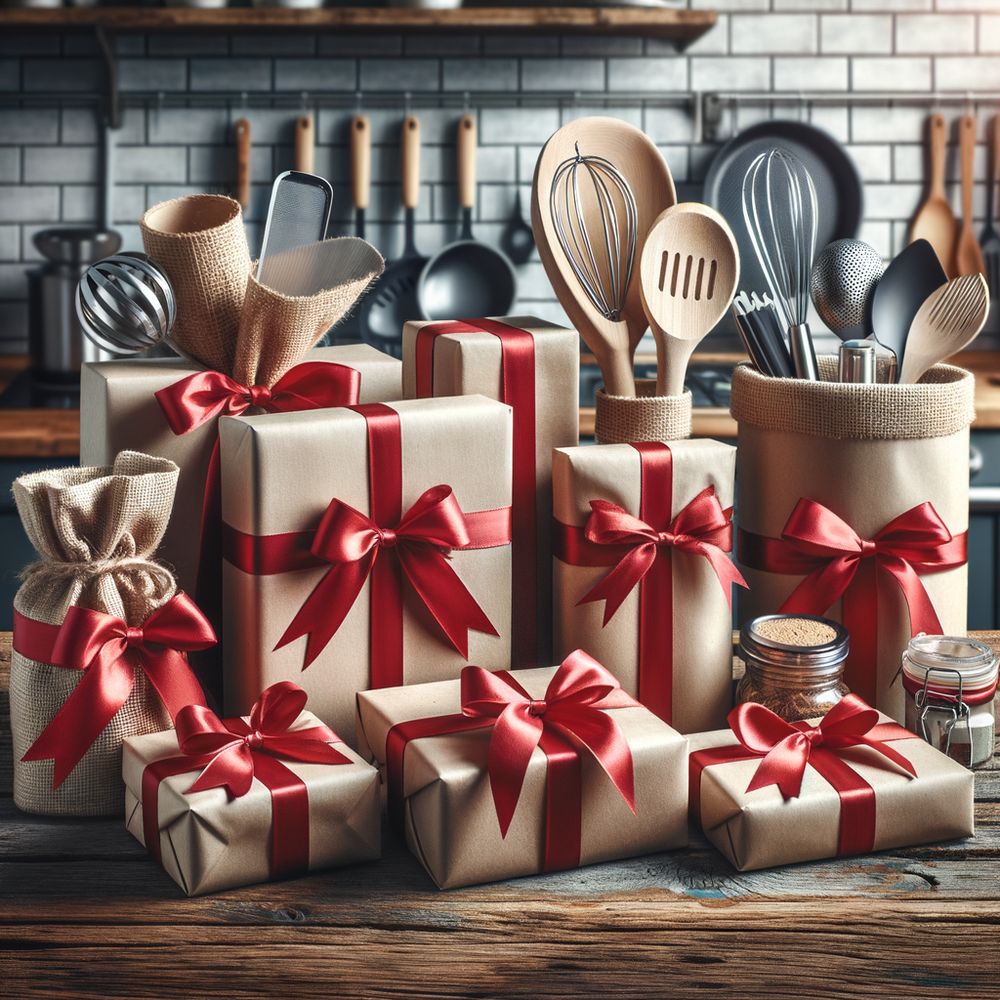 An array of creatively packaged kitchen-related gifts laid on a rustic wooden table, with a background of a modern kitchen setting. Each item is adorned with a red ribbon, suggesting their potential as perfect gifts for an aspiring chef.