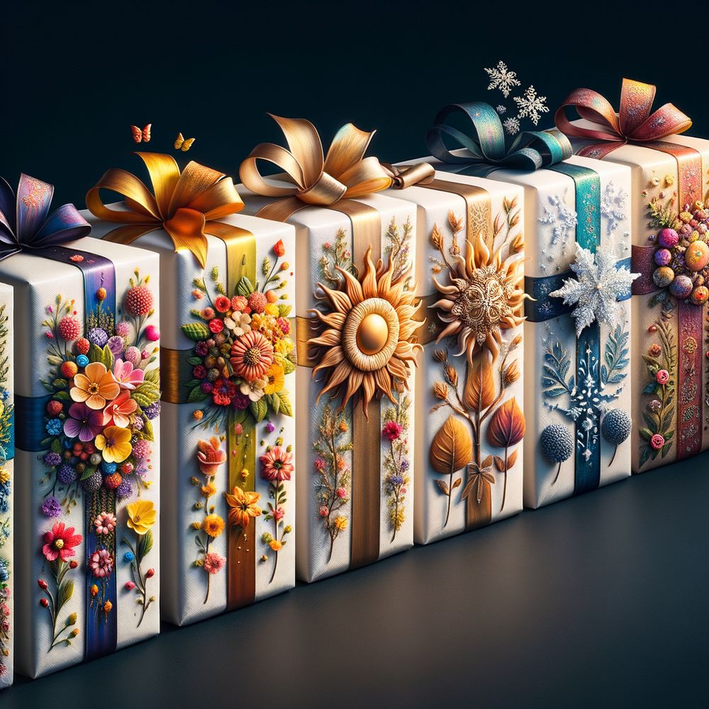 An array of beautifully wrapped gifts, each representing a different season with corresponding decor elements such as flowers for spring, snowflakes for winter, sun for summer, and leaves for fall
