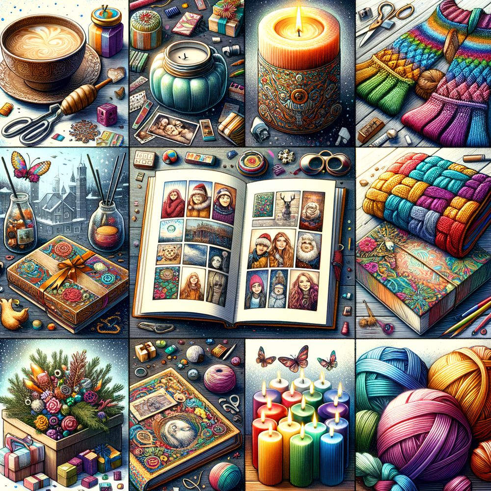 A collage of various DIY gifts such as a photo album, handcrafted candles, and a knitted scarf, depicting the range of personalized gift ideas.