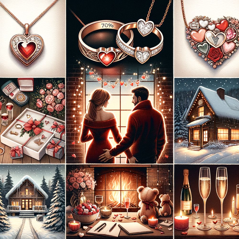 description of an image illustrating the whole article: A collage of creative Valentine’s gifts such as personalized jewelry, custom artwork, and a romantic getaway setup.