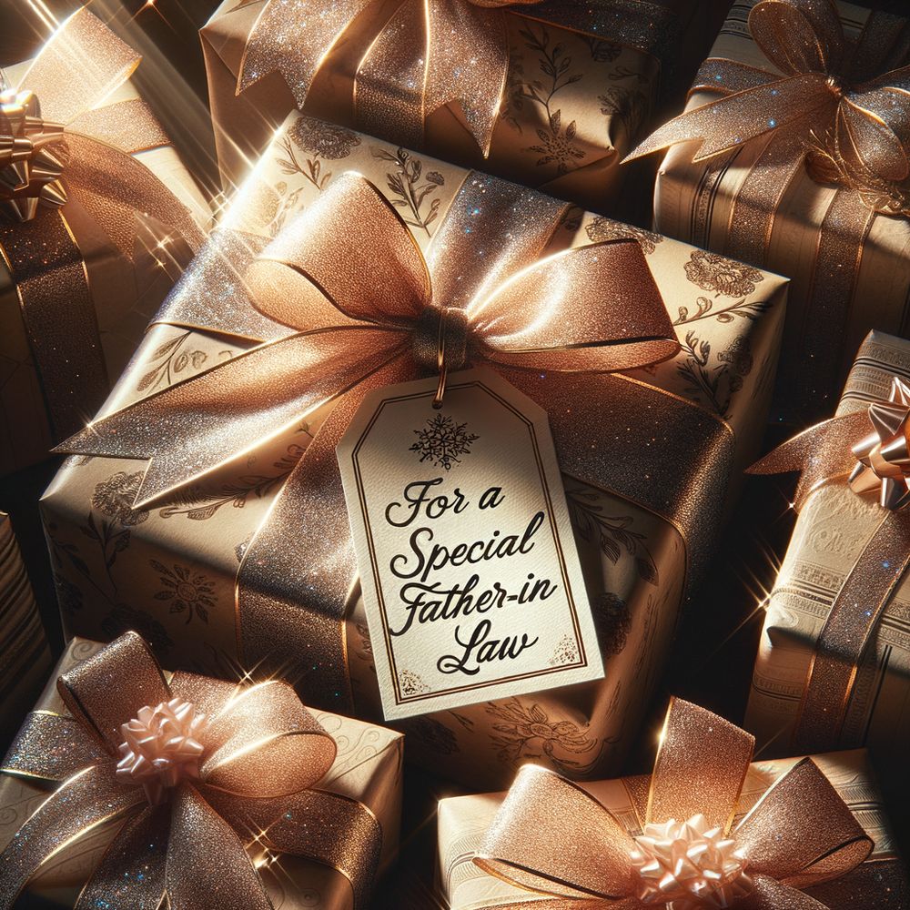 An image showing a collection of thoughtfully wrapped gifts with a tag saying 'For a Special Father-in-Law'