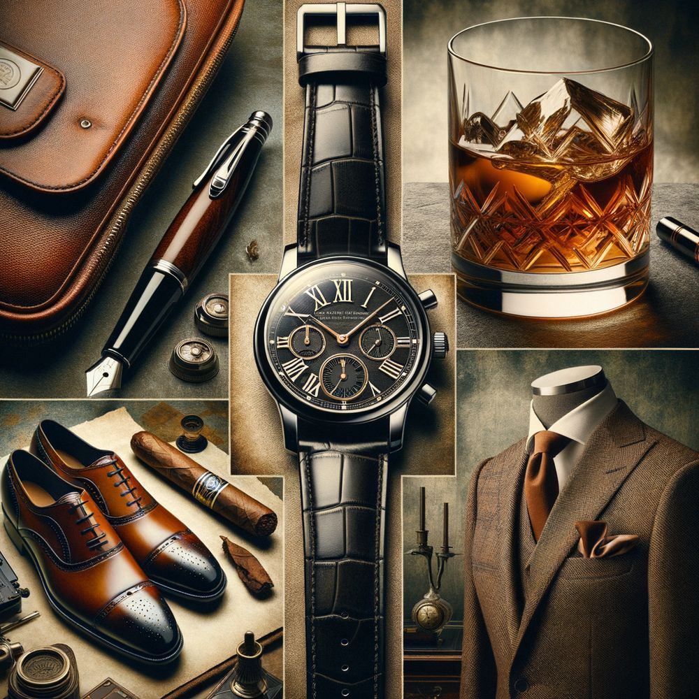 A tasteful collage featuring a classic wristwatch, a sleek fountain pen, a tailored suit jacket, fine whiskey with a cigar, a leather satchel, and elegant oxford shoes, all suggesting a curated collection of gifts for the discerning man.