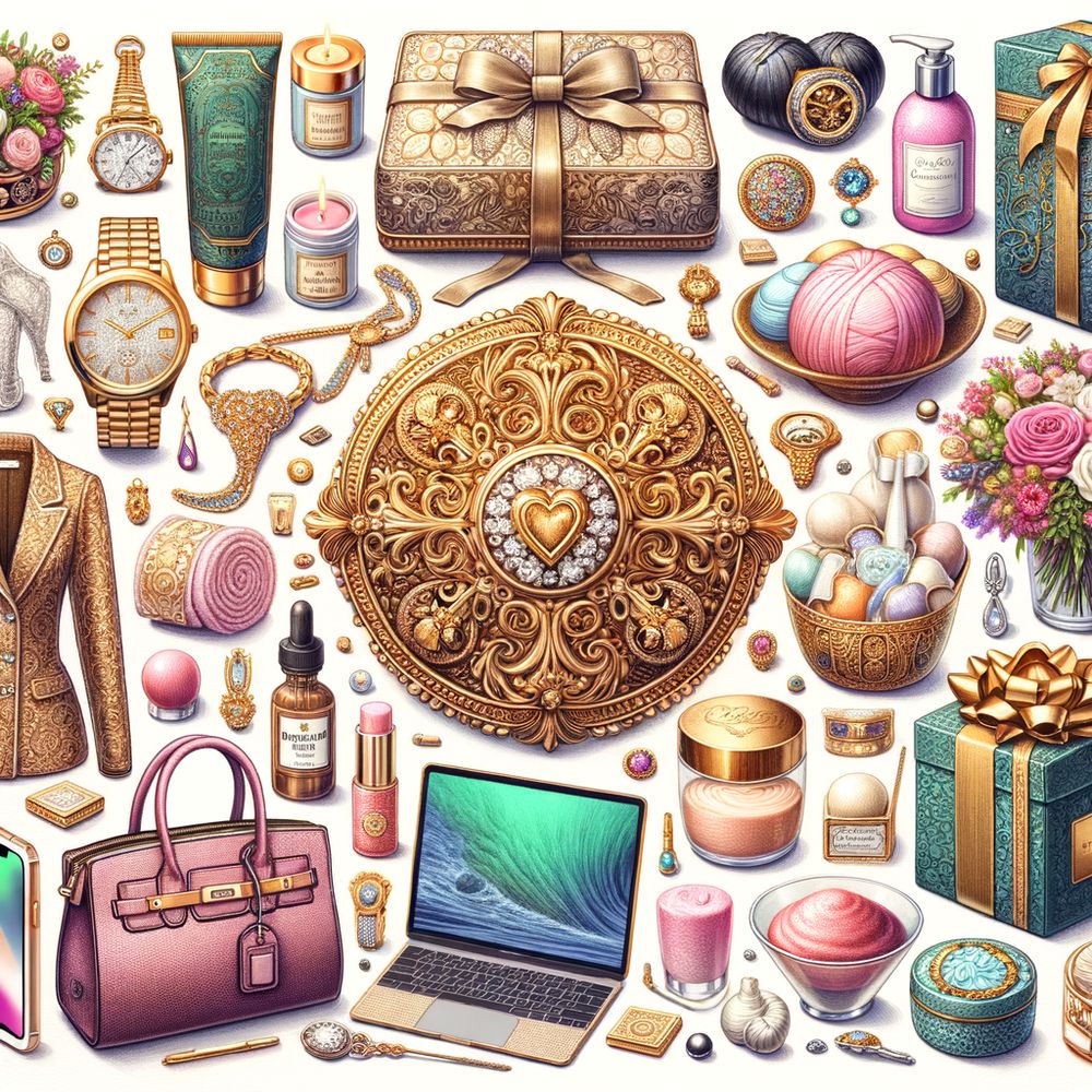 A collage showcasing an assortment of luxurious gifts tailored for her, such as personalized jewelry, spa sets, designer handbags, and tech gadgets.