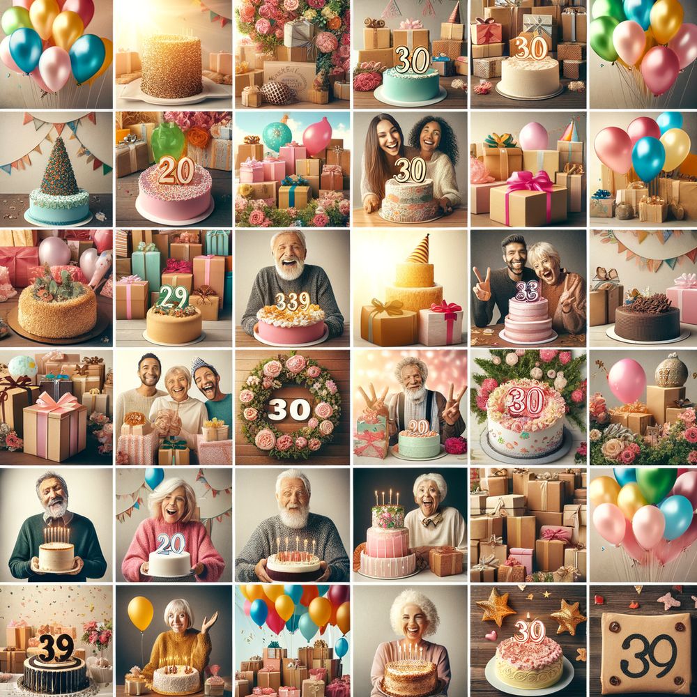 A collage of different milestone birthday celebrations with a variety of gifts, balloons, and cakes, indicating a festive and thoughtful atmosphere.