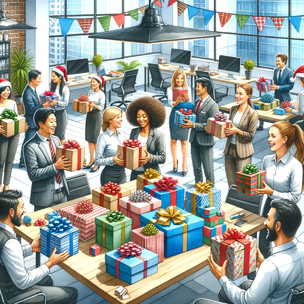 Image of a group of co-workers exchanging gifts in an office setting, with various types of wrapped presents on a table