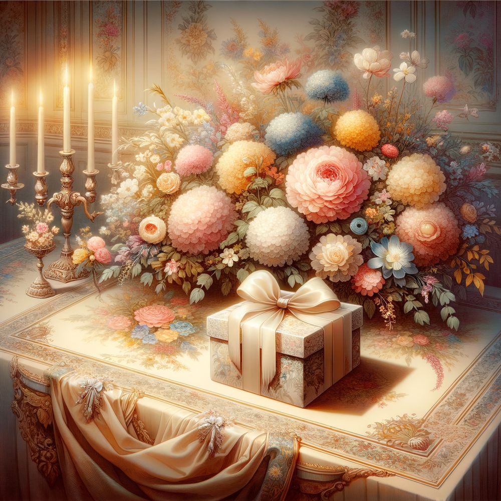 An elegantly wrapped gift placed on a decorative table with soft lighting and flowers suggesting a warm, inviting hostess environment