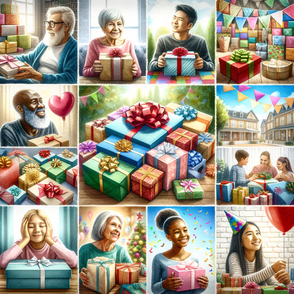 A collage of various thoughtful gifts beautifully wrapped, surrounded by happy recipients in different settings embodying joy and gratitude.