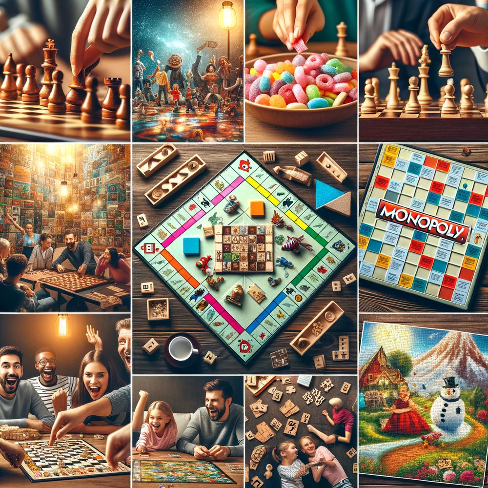 A montage of various board games and puzzles spread out on a table, highlighting a mix of strategic, family-friendly, and classic options, with joyful players in the background.