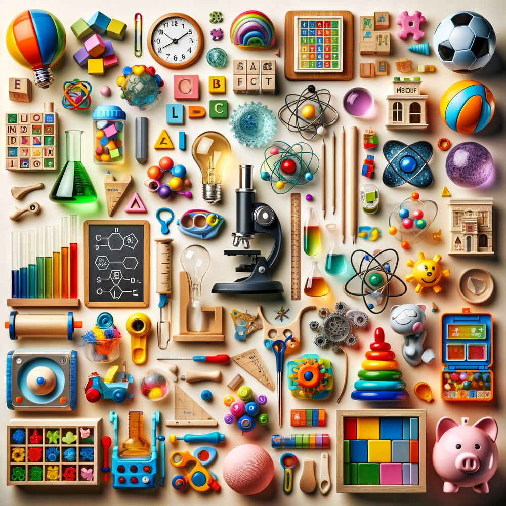 a collage of various educational toys ranging from building blocks to science kits, symbolizing the spectrum of learning games for children of different ages