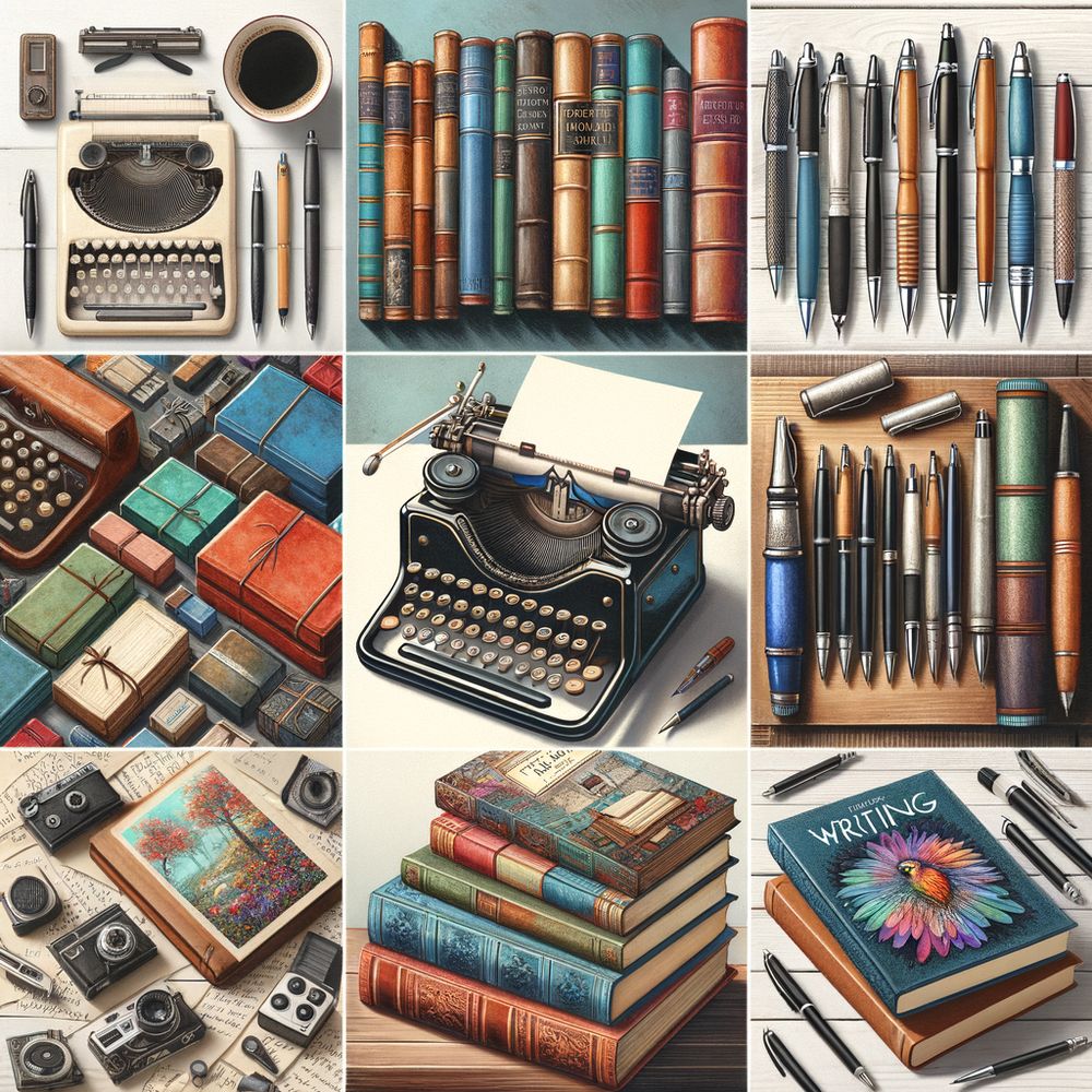 A collage of various gifts for writers, including a vintage typewriter, notebooks, pens, and a stack of books on writing.