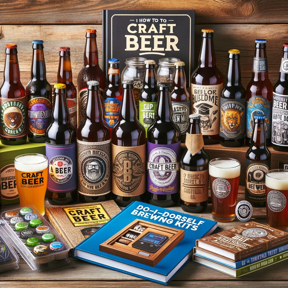 An assorted collection of craft beer bottles and various gift items related to craft beer such as personalized glasses, coolers, brewing kits, and books on a wooden table background.