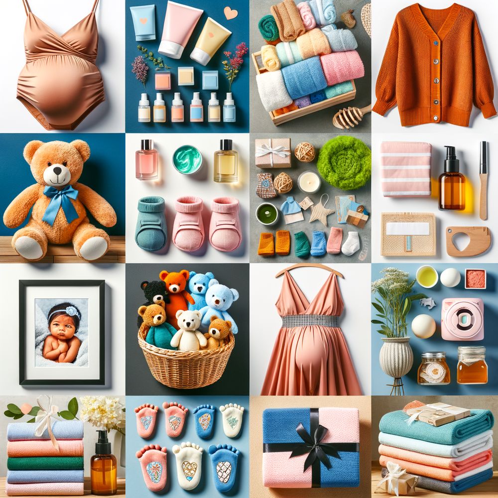 A collage of various gifts for expectant mothers, including maternity clothing, spa items, baby gear, and personalized keepsakes.