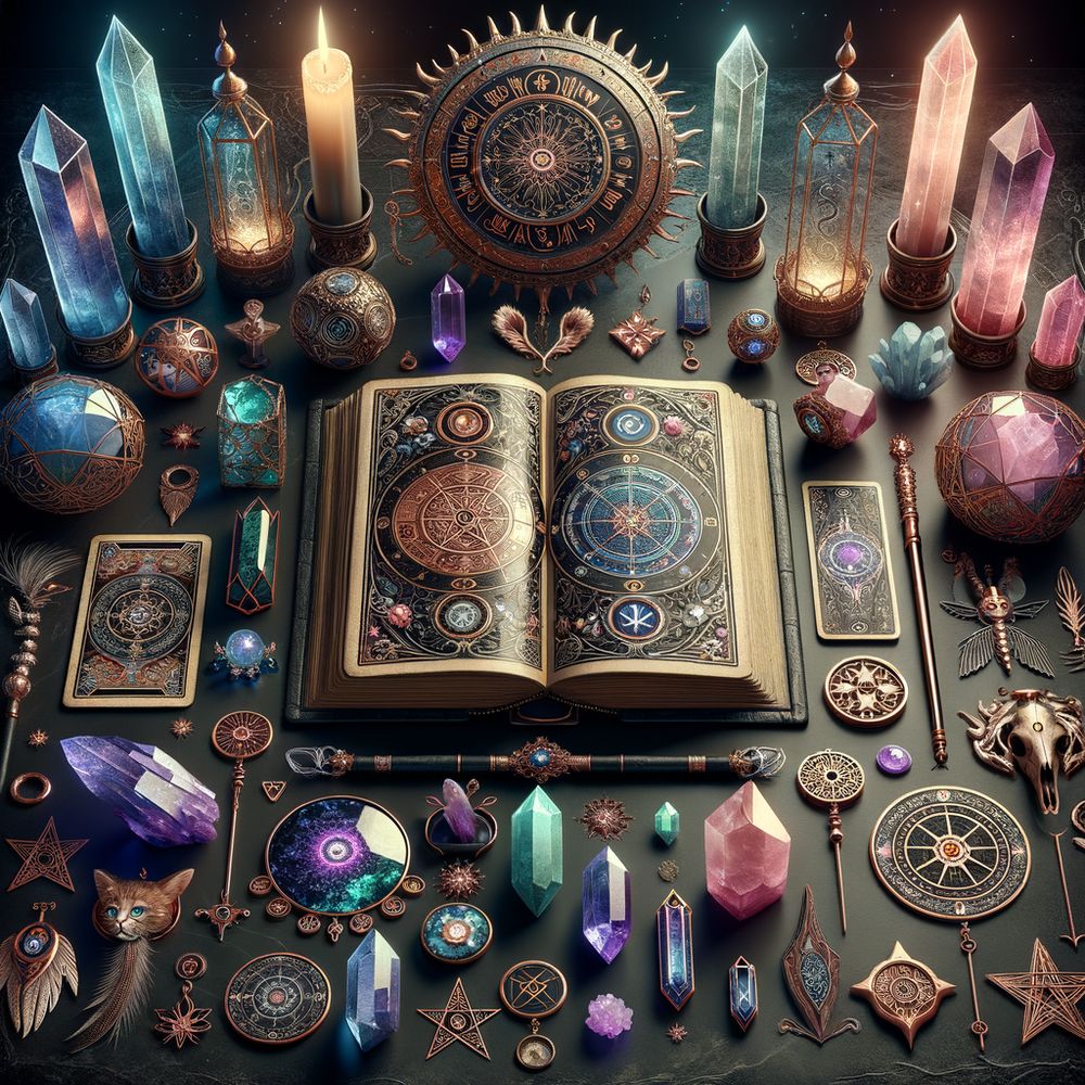 A mystical arrangement of various supernatural and occult-themed gifts, including tarot cards, gothic decor, and mystical crystals arranged around an open book with arcane symbols.