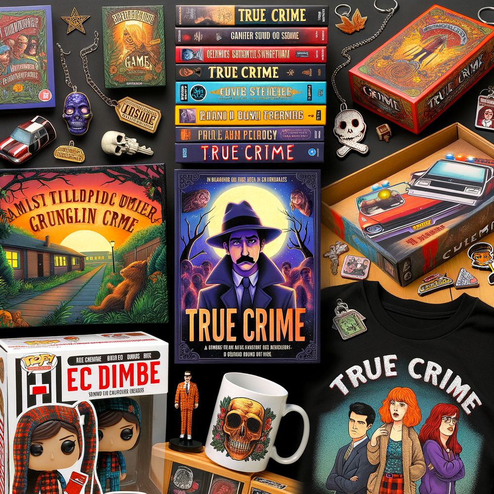 A collage of different true crime-themed gifts such as books, DVDs, board games, and novelty items