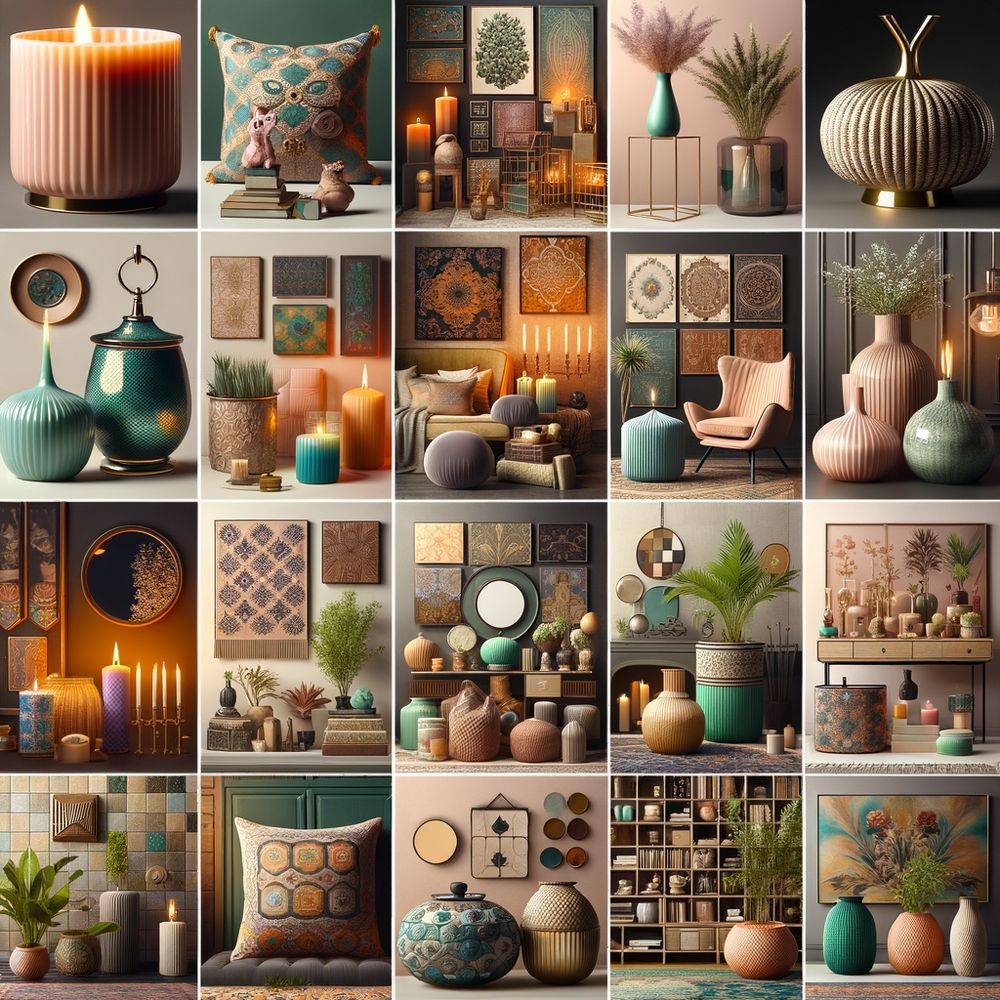 A collage featuring a variety of home decor gifts such as candles, throw pillows, wall art, planters, rugs, mirrors, bookshelves, vases, and vintage collectibles set in an aesthetically pleasing interior space