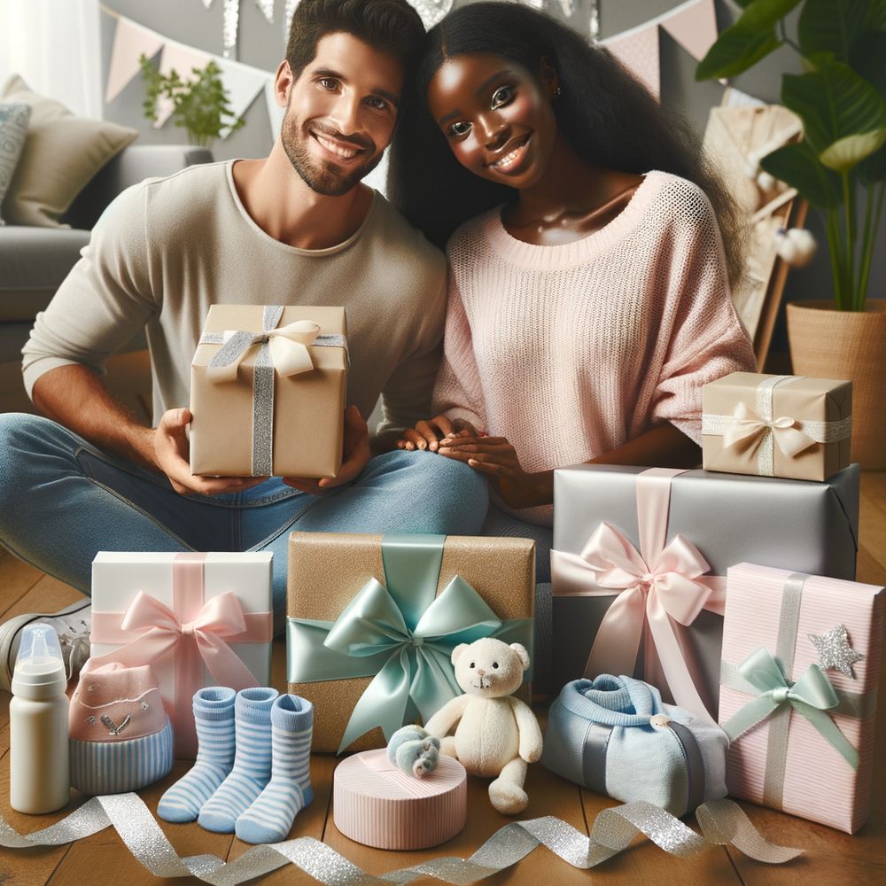 An image displaying a variety of gifts wrapped with elegance, alongside some baby items and a couple of happy new parents