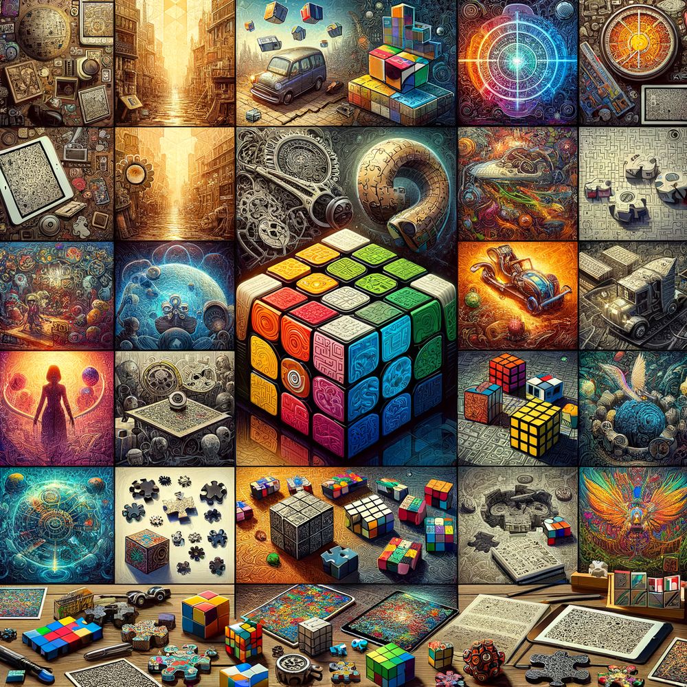 A collage of various puzzles and brainteasers arranged aesthetically, showcasing a diverse range of options from classic jigsaw puzzles to modern electronic games.