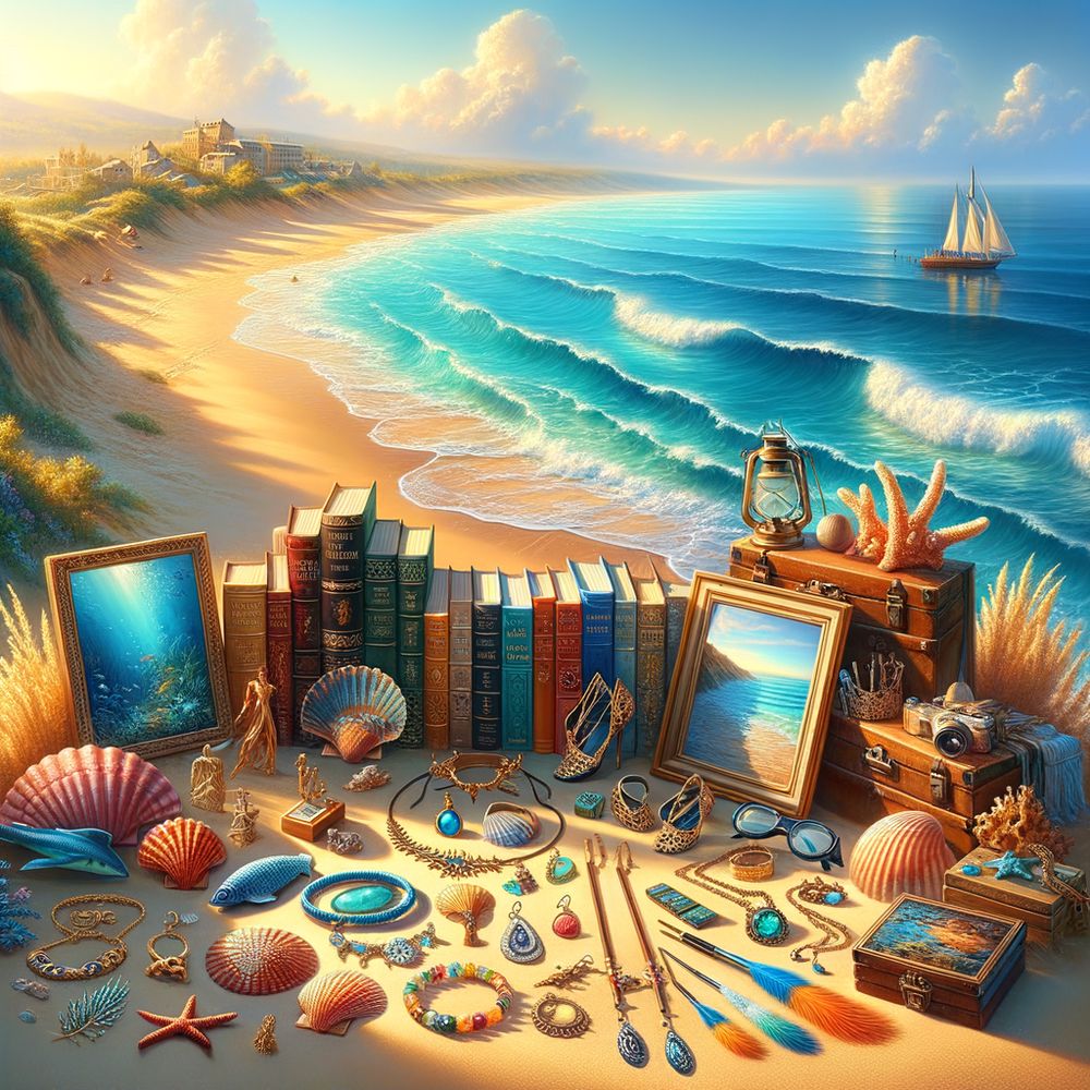 An image of a beautiful seaside, showcasing various gifts for sea lovers arranged on the sand: books, jewelry, art pieces, and diving gear