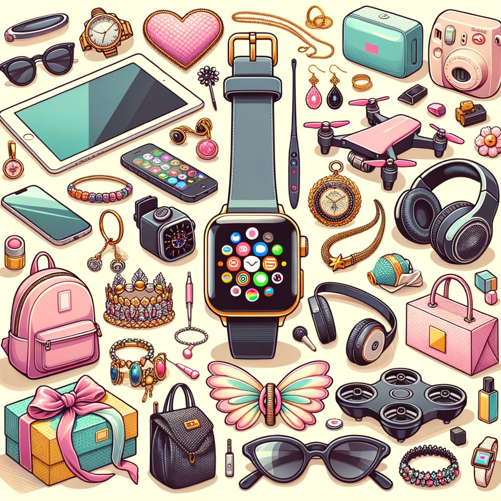 A compilation image showing a diverse range of trendy gift items for teenage girls, including tech gadgets, jewelry, and fashion accessories.