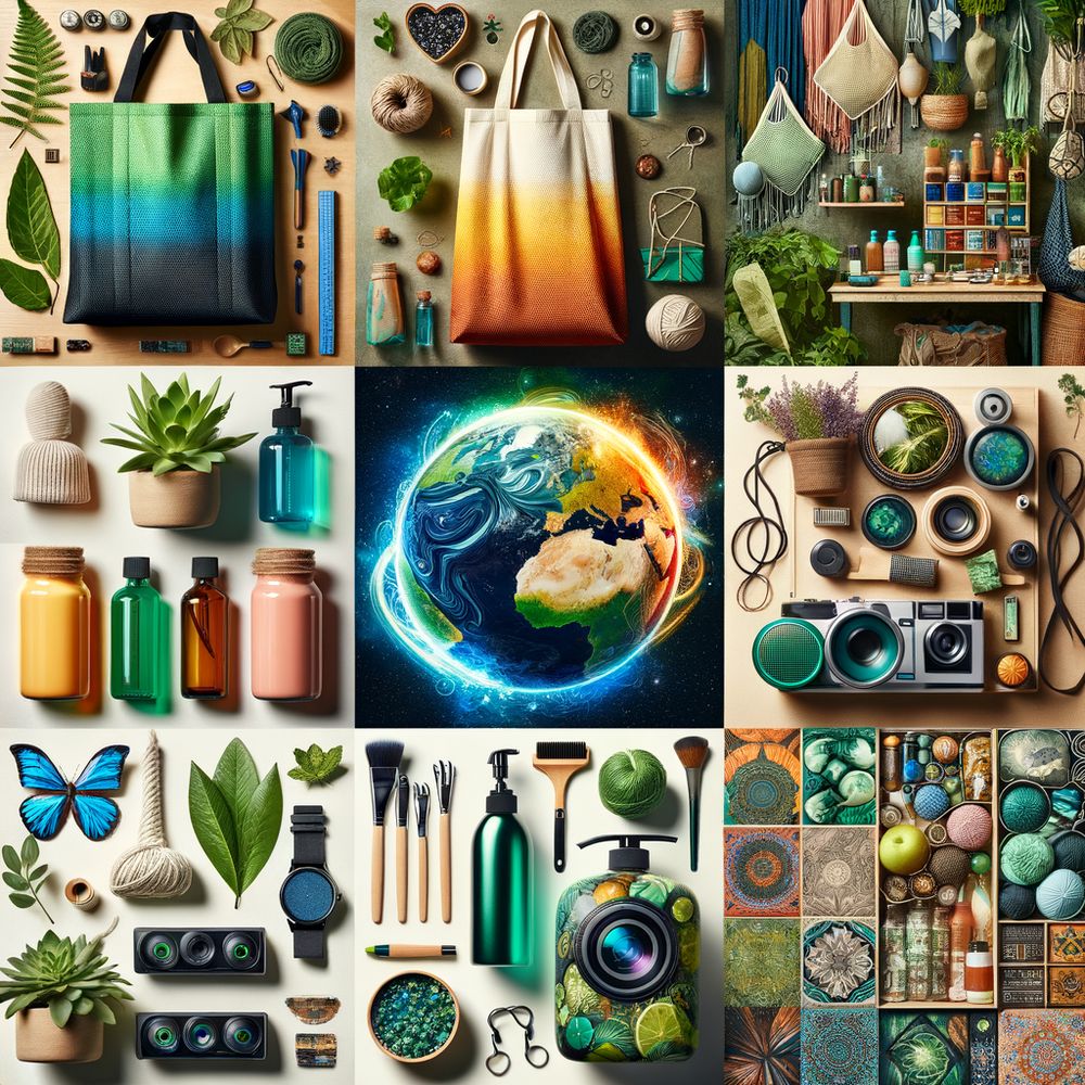 A collage of sustainable products such as reusable bags, plant-based skincare, eco-friendly gadgets, and recycled fashion accessories