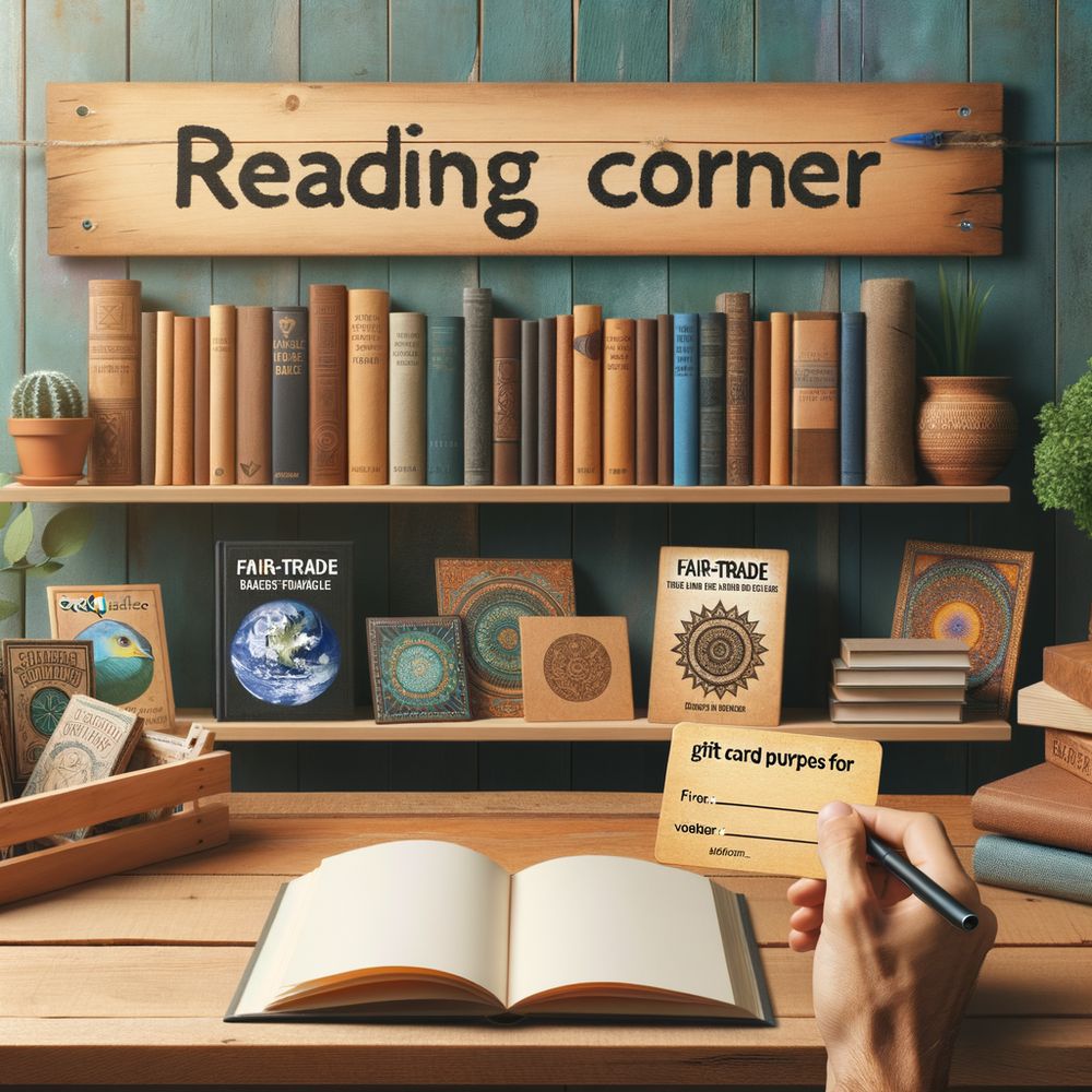 An image of a cozy reading nook with a selection of social justice books, fair-trade products on a wooden table, and a donation gift card