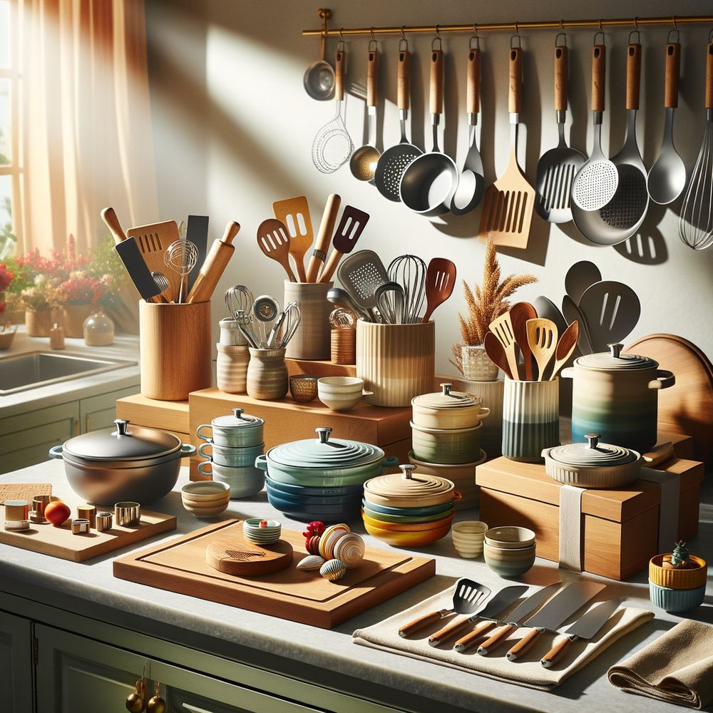 An array of colorful, high-quality baking utensils and cookware artfully arranged on a kitchen countertop, with a focus on gifting and presentation