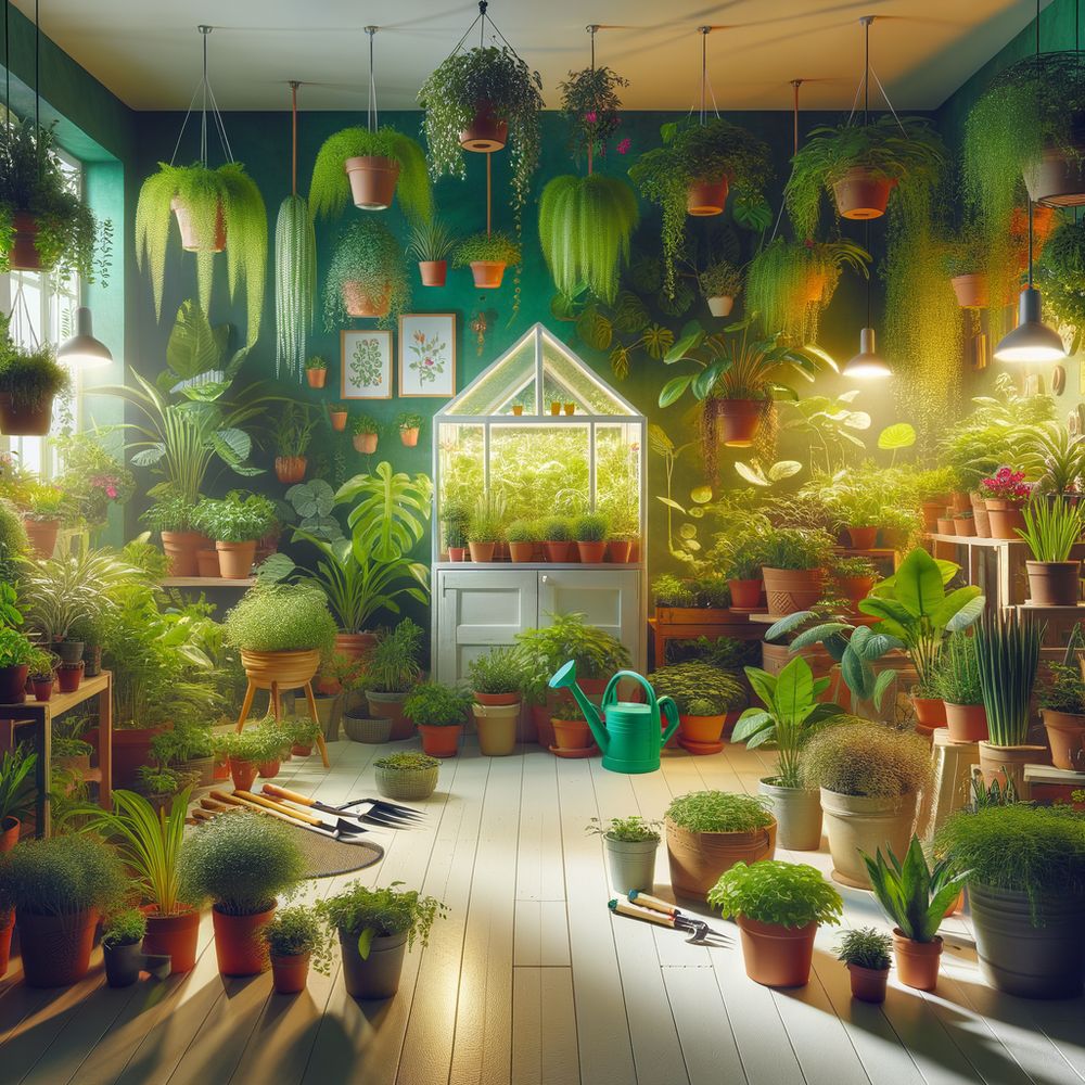 A bright, happy interior filled with lush green potted plants, assorted gardening tools, and an indoor greenhouse under soft, artificial lighting