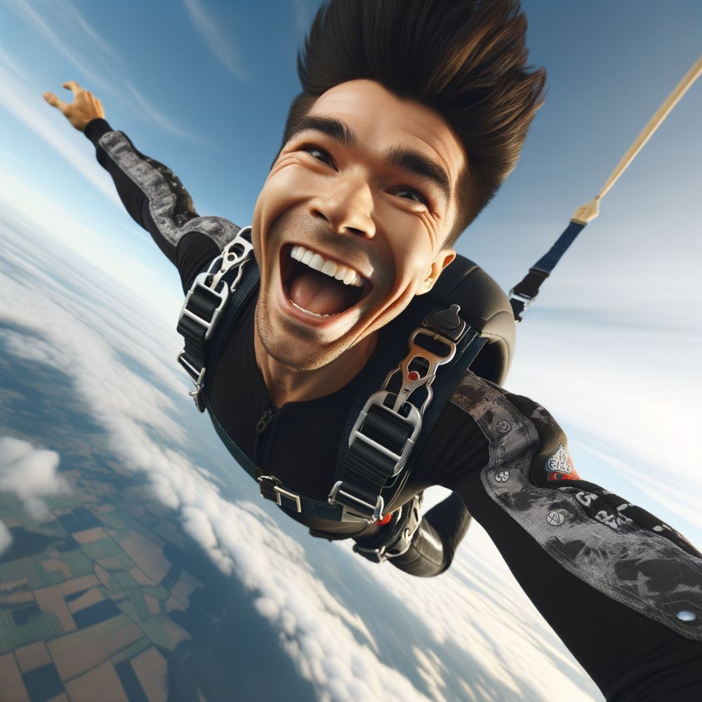 excited skydiver in mid-air with a look of pure exhilaration, symbolizing the thrill of adventure