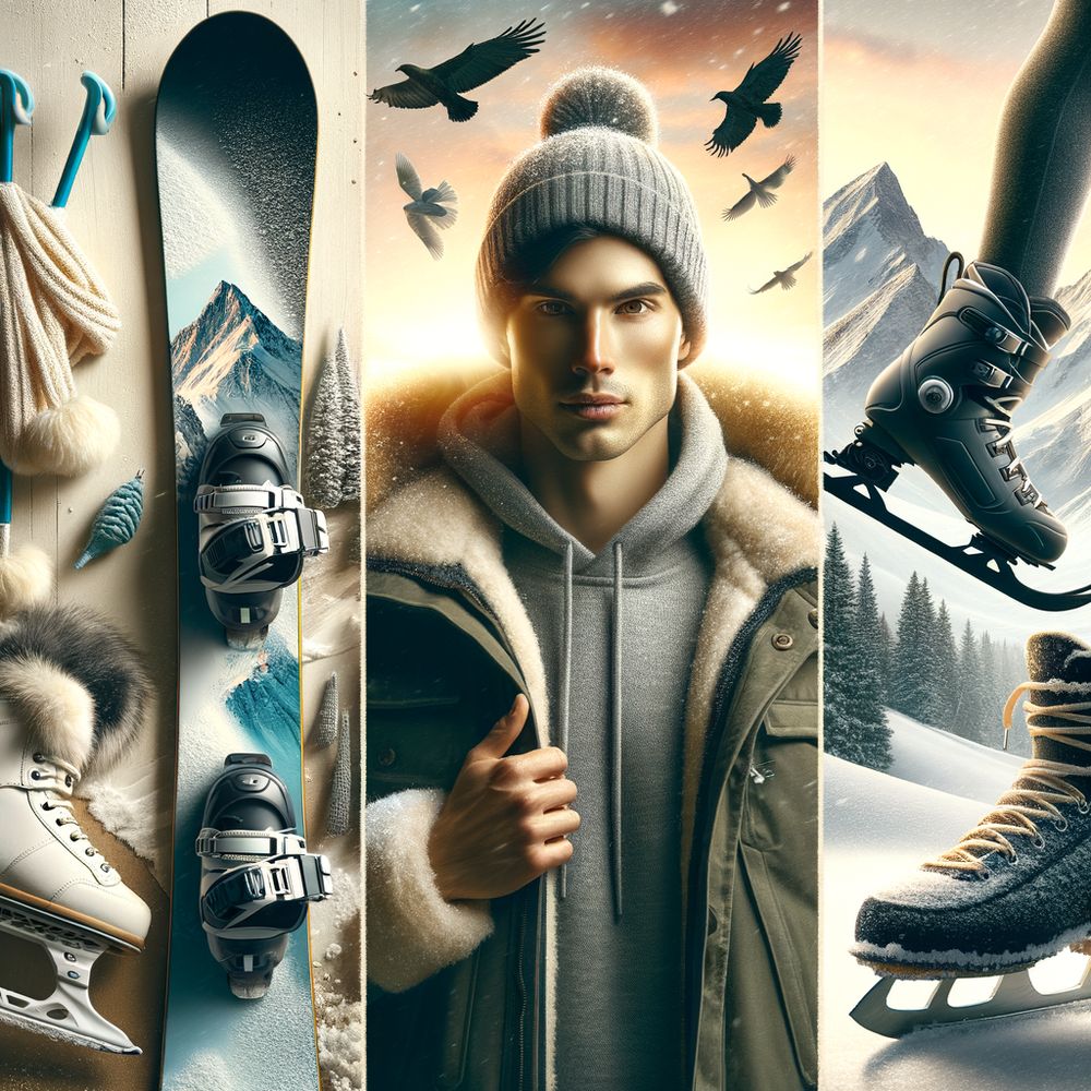 a montage showcasing a variety of winter sports equipment like skis, snowboards, and ice skates, with a backdrop of snowy mountains