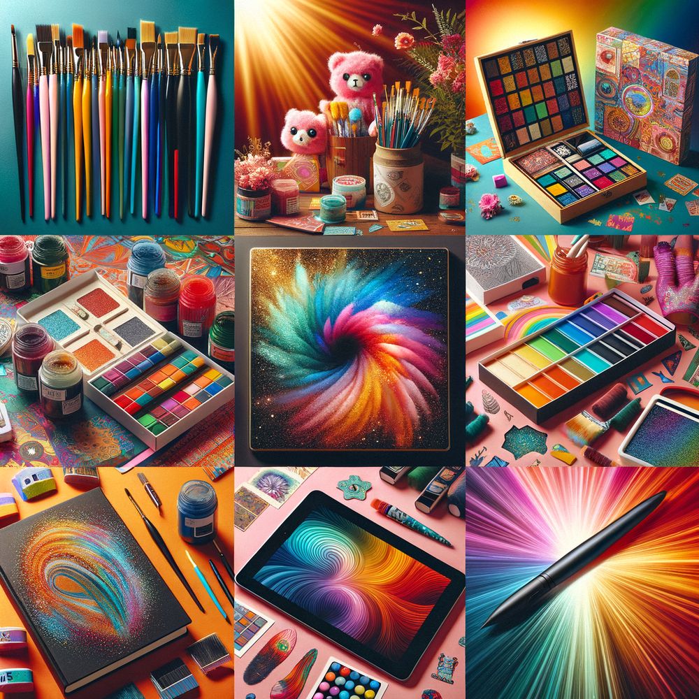 a collage of various artistic gifts including paintbrushes, crafting kits, art books, and tablets, set against a vibrant background