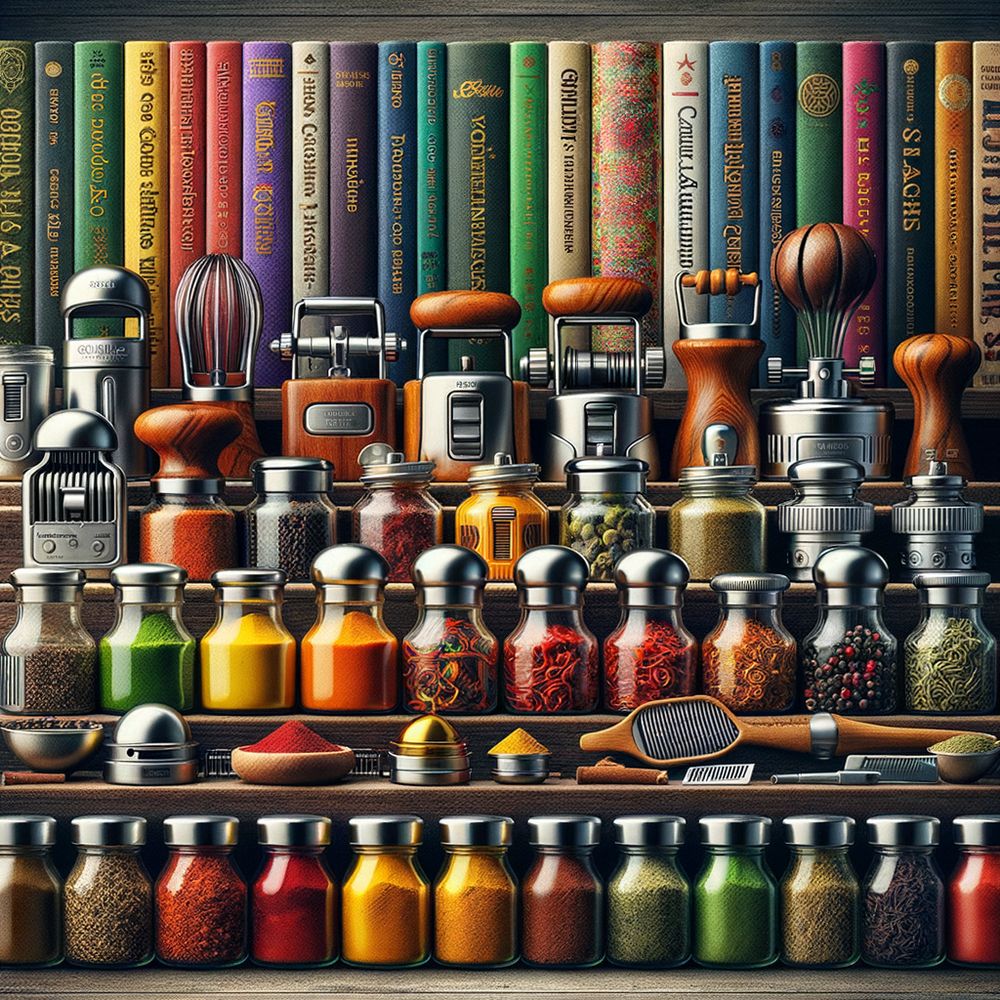 An image showcasing a collection of unique kitchen gadgets, colorful spices, and a selection of cookbooks showcasing cuisines from around the world.