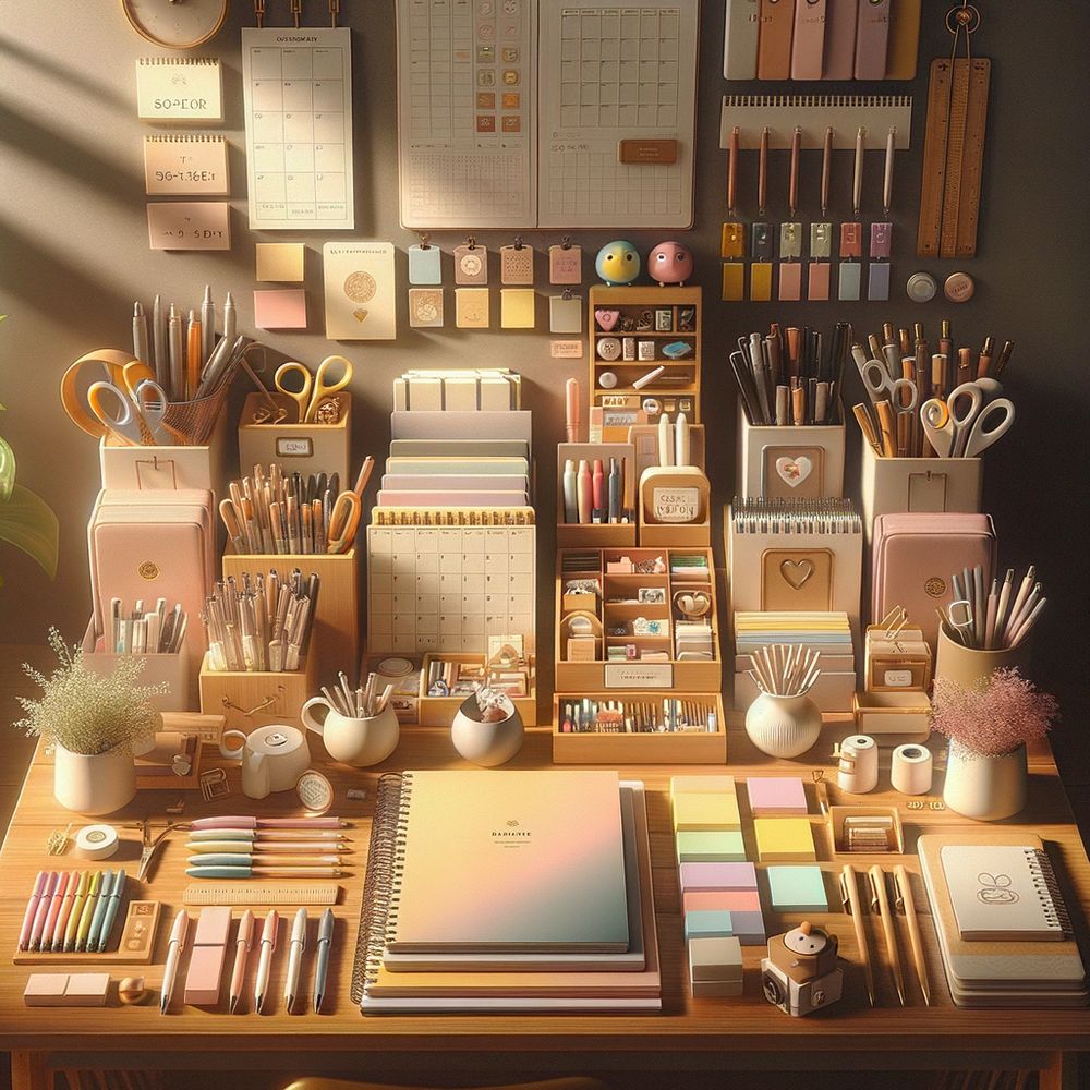 A desk beautifully arranged with an assortment of stationery gifts, including planners, desk organizers, colorful pens, sticky notes, and personalized items, all suggesting an air of organization and productivity.