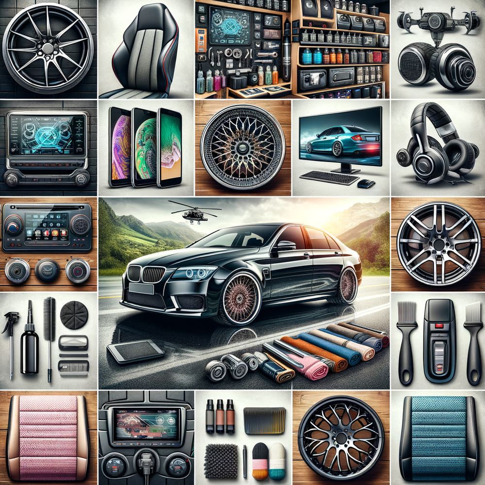 A collage of car accessories ranging from high-tech gadgets, custom rims, car care kits, to plush seat covers and advanced entertainment systems