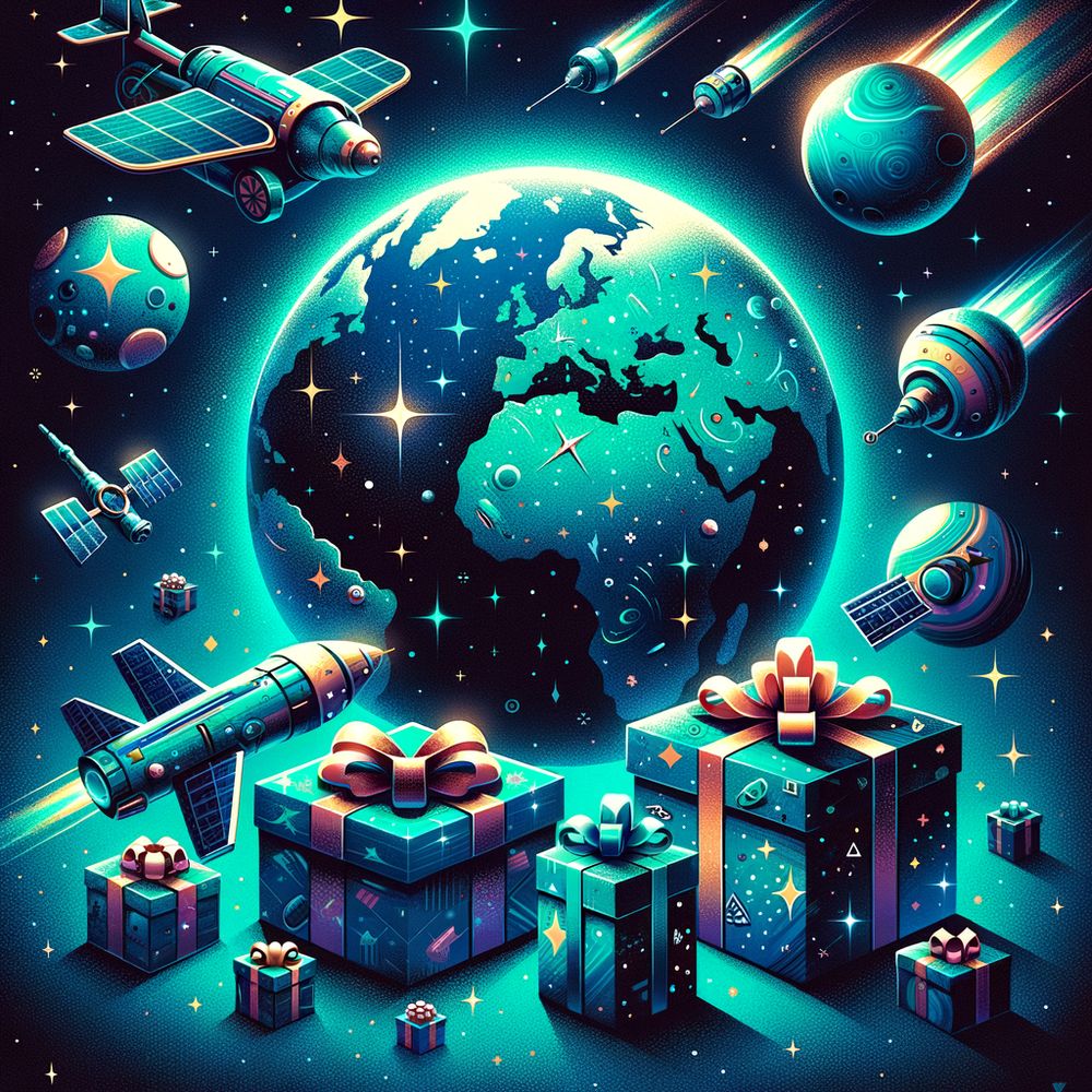 description of an illustrated rendition of space-related gifts surrounding a stylized planet Earth