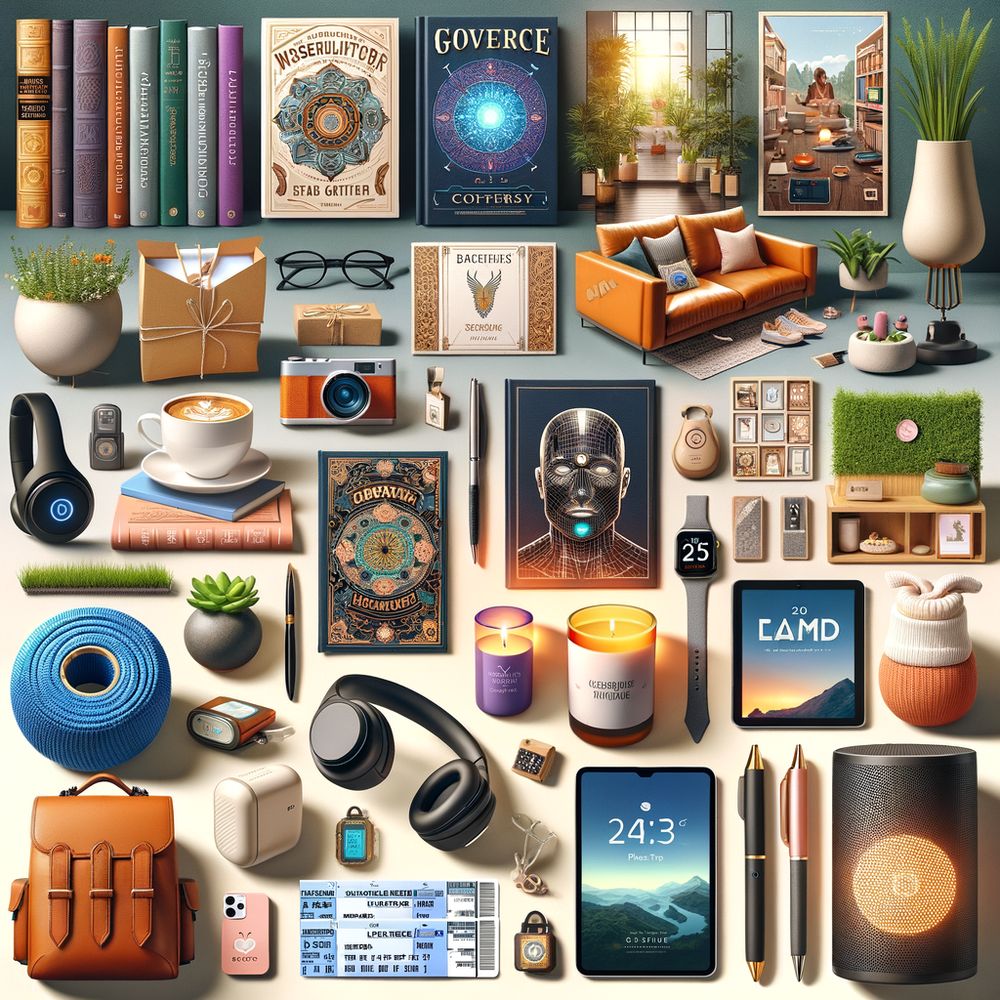 A collage of various thoughtful gifts neatly arranged, including books, tech gadgets, office decor, wellness products, networking event tickets, personalized stationery, and home gadgets.