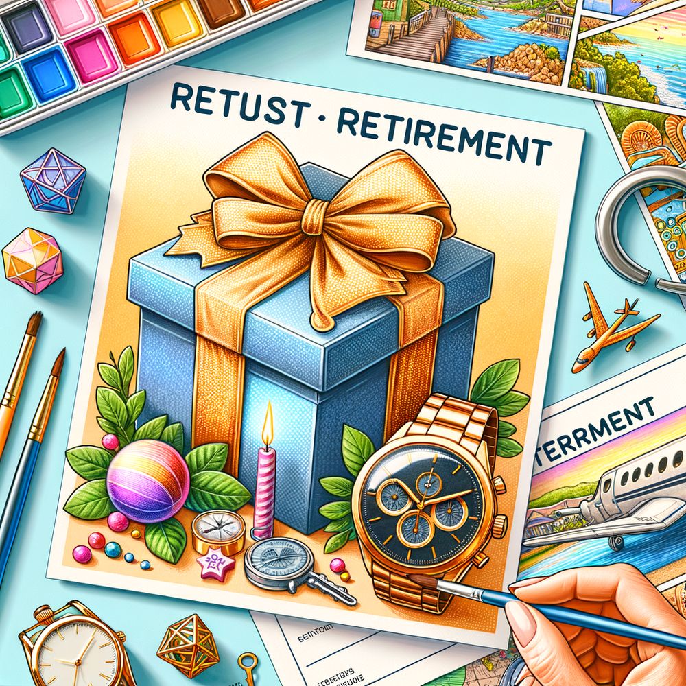 An image of a wrapped gift with a bow on top, next to a retirement greeting card and a selection of potential retirement gifts such as a watch, travel vouchers, and a hobby set.