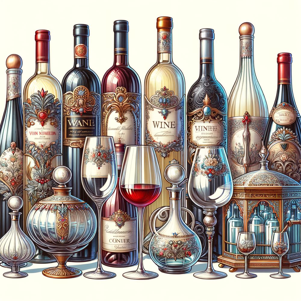 A collection of wine-related gifts such as bottles, glasses, decanters, and wine coolers arranged elegantly