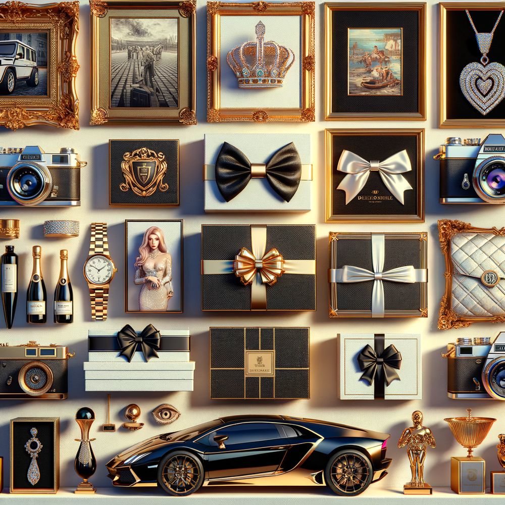 a luxurious collection of various high-end gifts including electronics, jewelry, designer brands, exotic cars, and art pieces elegantly displayed