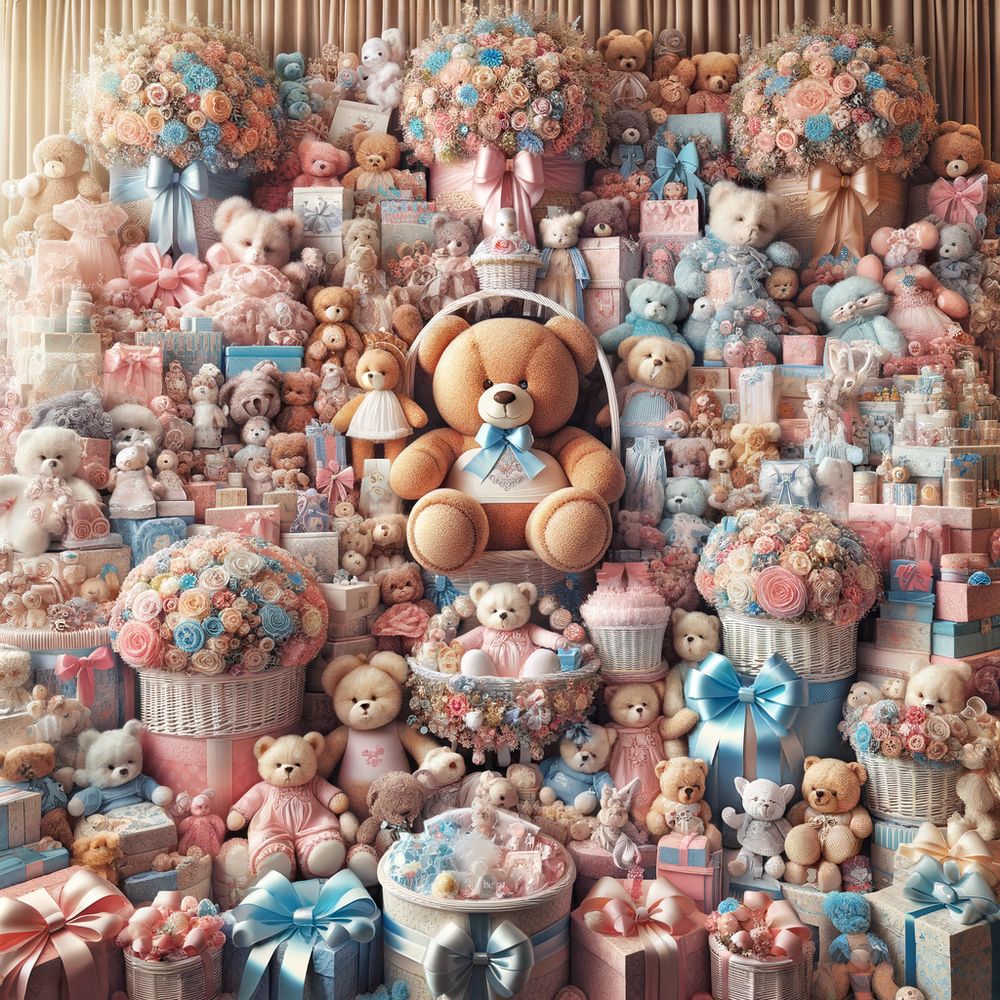 A joyful collage of baby shower gifts, such as soft toys, baby clothing, and gift baskets adorned with ribbons and bows