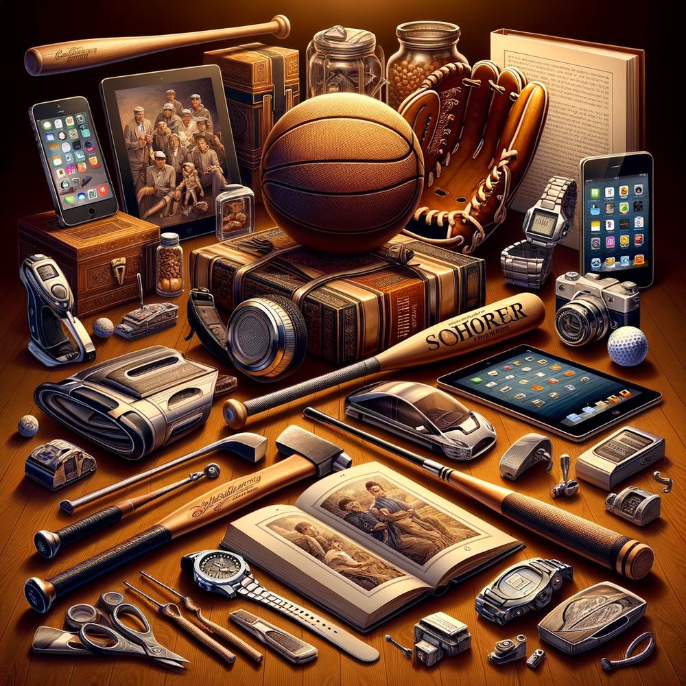 A collage of various gifts tailored for different types of fathers, such as tech gadgets, sporting equipment, books, and tools