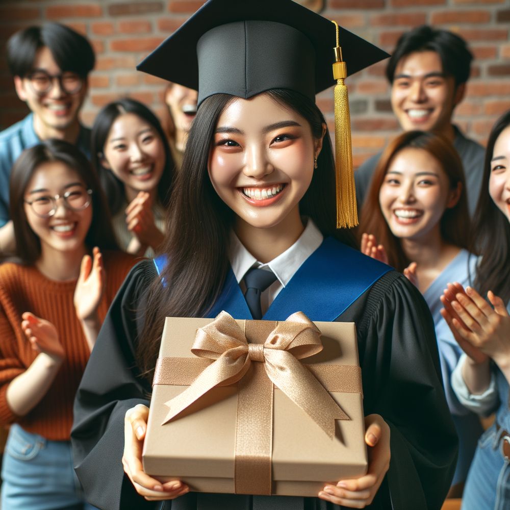 an image of a happy graduate holding a beautifully wrapped gift with friends and family congratulating them