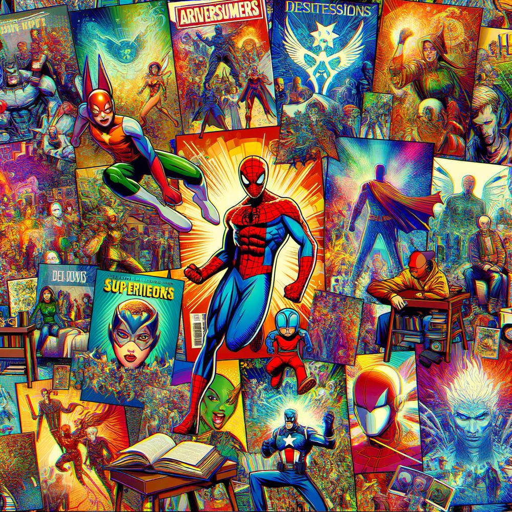 A vibrant collage of various comic book memorabilia, including graphic novels, figurines, and artwork, captures the excitement and passion of comic fandom.