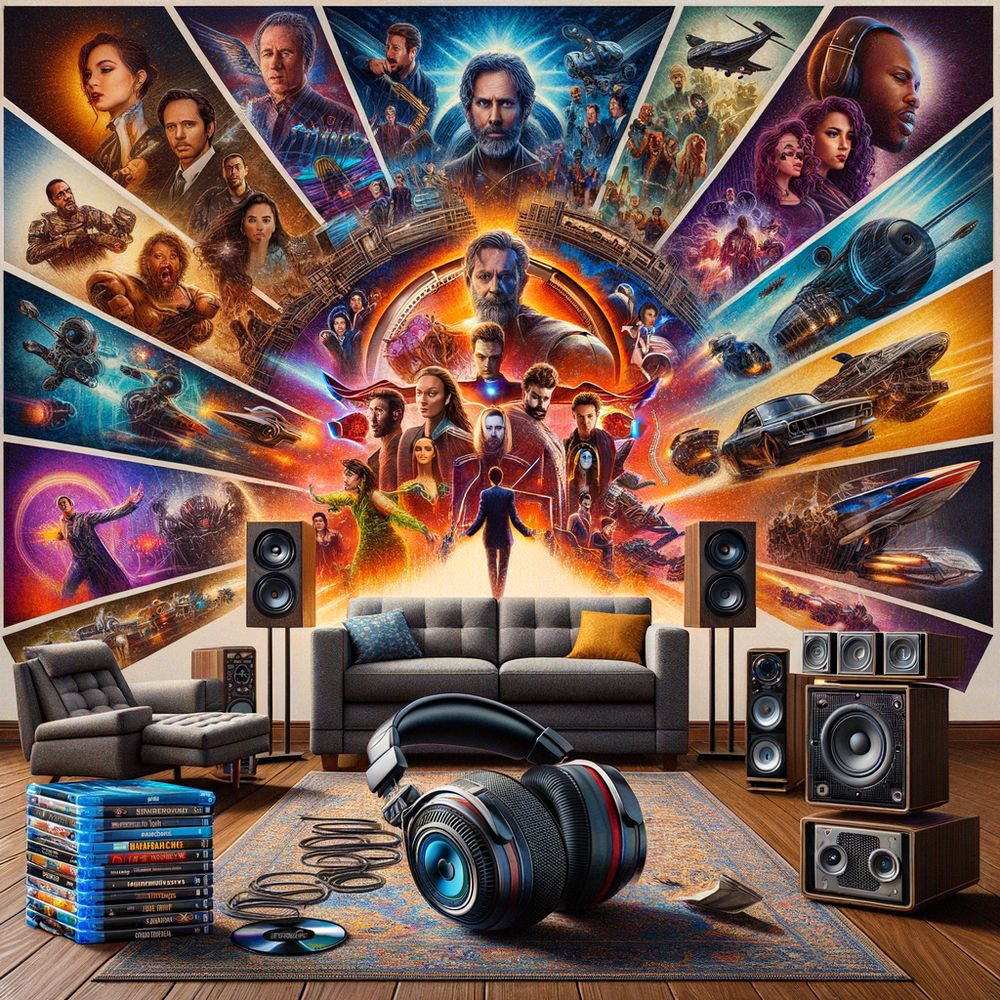 A collage of various movie-themed gifts such as Blu-ray collections, movie posters, headphones, and a home theater setup