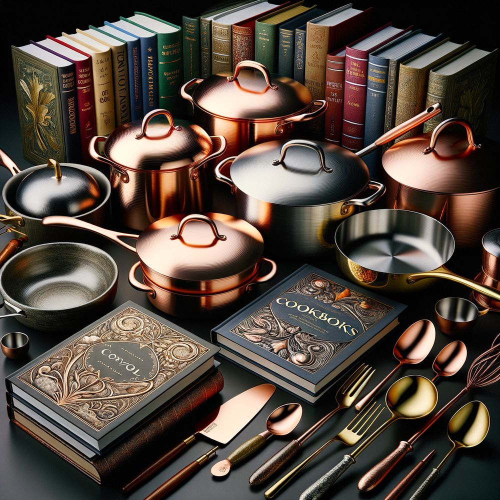 A compilation of various premium culinary tools and cookbooks artistically arranged, hinting at the luxury and practicality of the gifts contained within the article