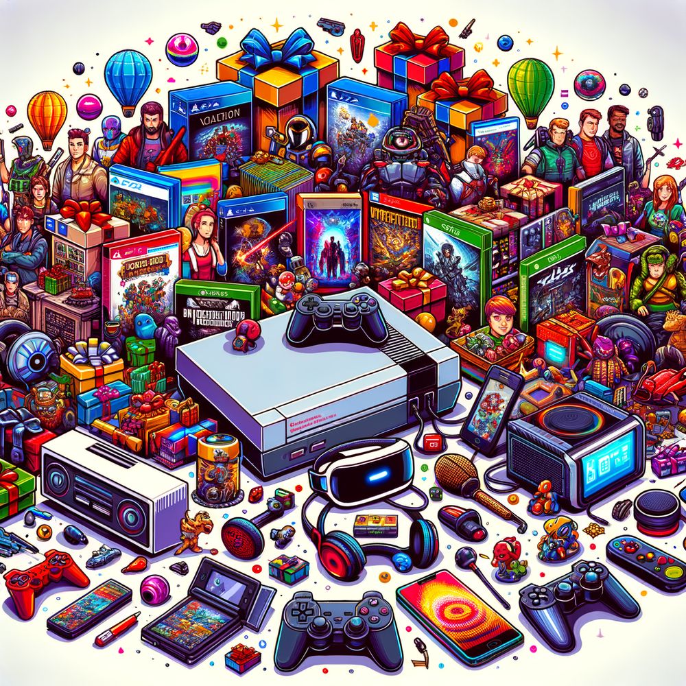 description of a vibrant image showing an array of video game gifts, such as consoles, games, accessories, and merchandise, laid out in a visually pleasing arrangement