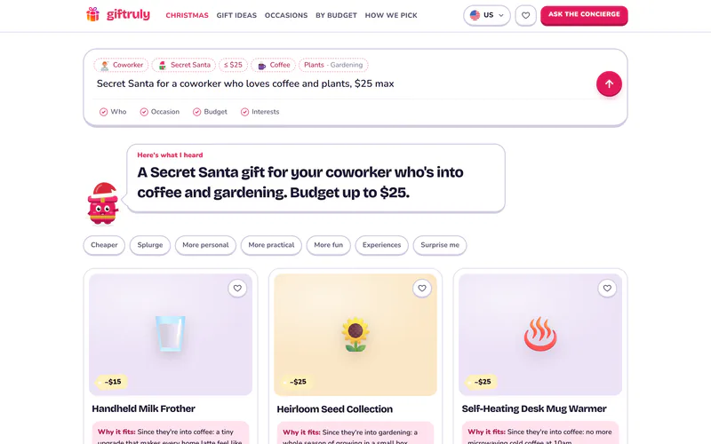 Screenshot: Gift finder answer (desktop)