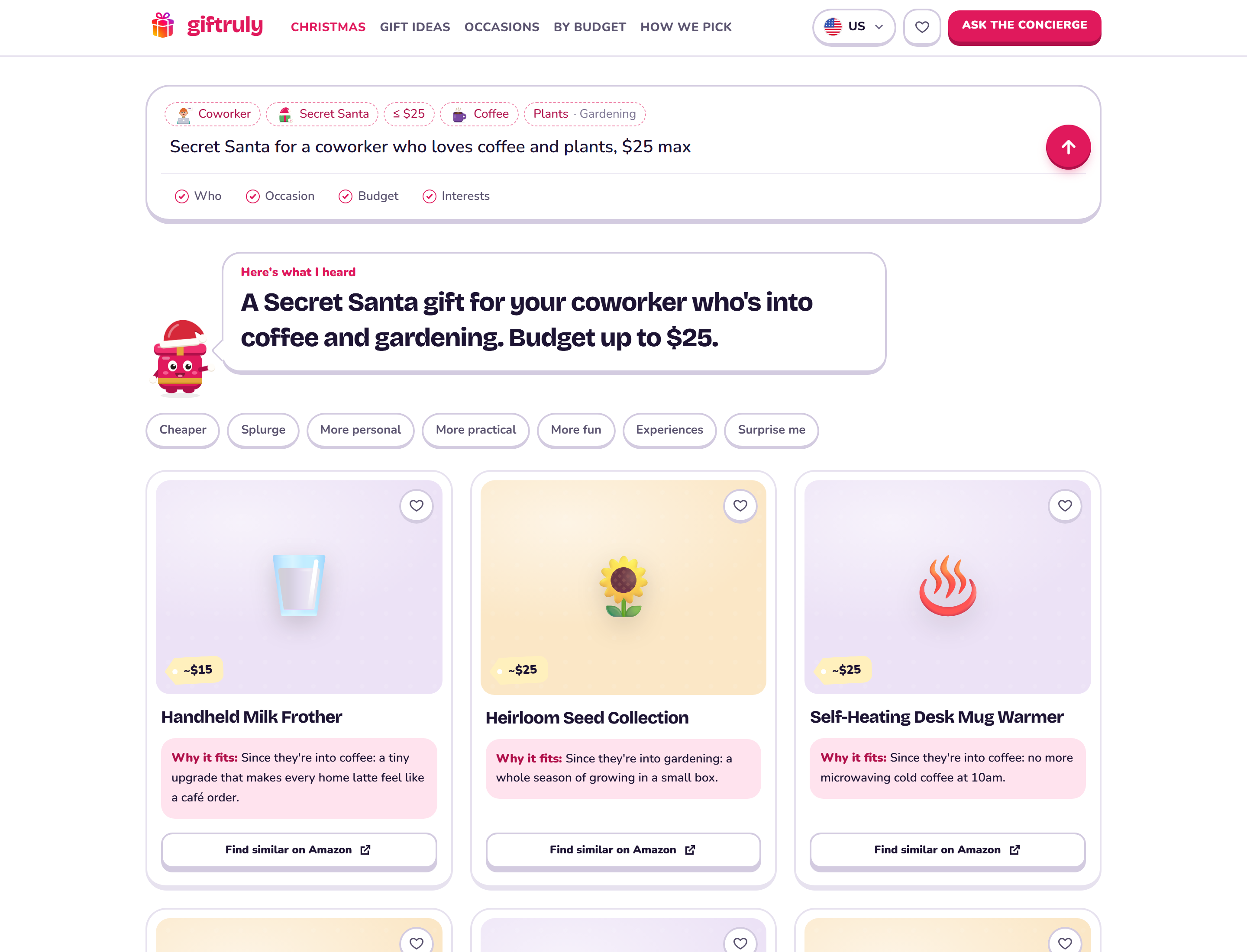 Screenshot: Gift finder answer (desktop)