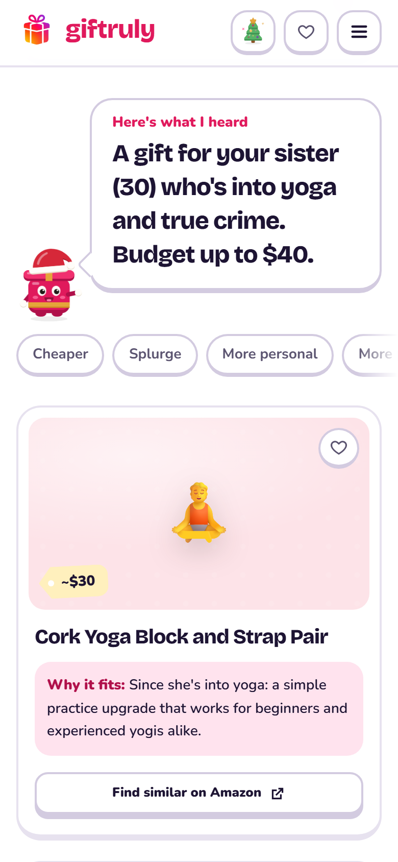 Screenshot: Gift finder answer (phone)