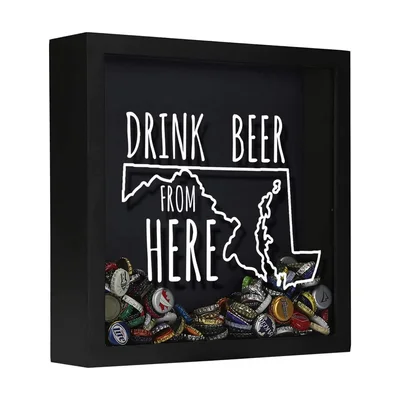 Torched "Drink Beer from Here" bottle cap shadow box